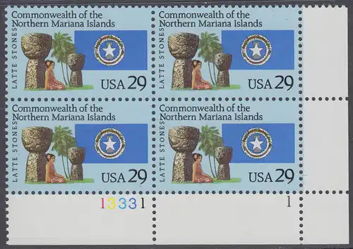 USA Michel 2423 / Scott 2804 postfrisch PLATEBLOCK ECKRAND unten rechts m/ Platten-# 13331-1 - 15 Jahre Commonwealth der Nördlichen Marianen: Latte-Steine