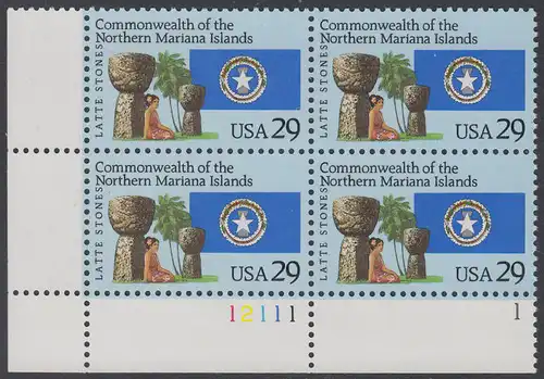 USA Michel 2423 / Scott 2804 postfrisch PLATEBLOCK ECKRAND unten links m/ Platten-# 12111 - 15 Jahre Commonwealth der Nördlichen Marianen: Latte-Steine