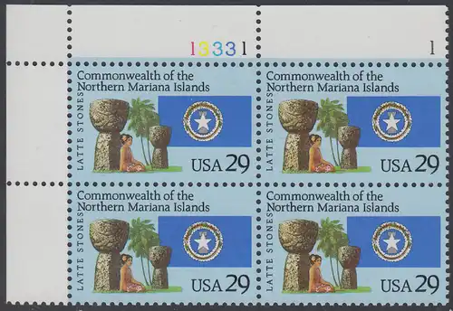 USA Michel 2423 / Scott 2804 postfrisch PLATEBLOCK ECKRAND oben links m/ Platten-# 13331 - 15 Jahre Commonwealth der Nördlichen Marianen: Latte-Steine