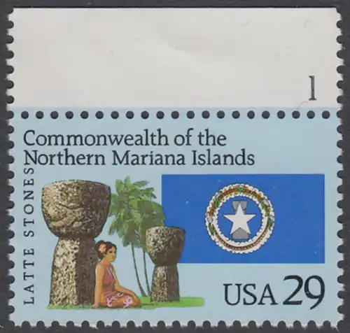 USA Michel 2423 / Scott 2804 postfrisch EINZELMARKE RAND oben m/ Platten-# 1 - 15 Jahre Commonwealth der Nördlichen Marianen: Latte-Steine