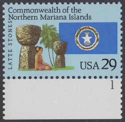 USA Michel 2423 / Scott 2804 postfrisch EINZELMARKE RAND unten m/ Platten-# 1 - 15 Jahre Commonwealth der Nördlichen Marianen: Latte-Steine