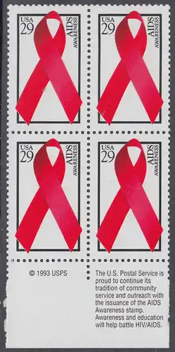 USA Michel 2426A / Scott 2806 postfrisch BLOCK RÄNDER unten m/ copyright symbol - Welt-AIDS-Tag: Abzeichen der Arthur-Ashe-Stiftung
