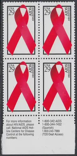 USA Michel 2426A / Scott 2806 postfrisch BLOCK RÄNDER unten m/ Inschrift - Welt-AIDS-Tag: Abzeichen der Arthur-Ashe-Stiftung

