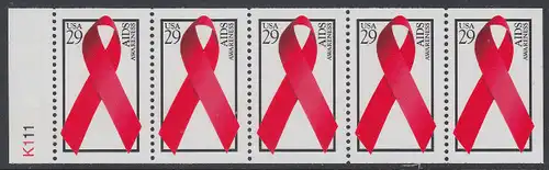 USA Michel 2426E / Scott 2806b postfrisch Markenheftchenblatt(5) RAND links m/ Platten-# K111 - Welt-AIDS-Tag: Abzeichen der Arthur-Ashe-Stiftung
