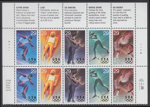 USA Michel 2427-2431 / Scott 2811 postfrisch PLATEBLOCK(10) RÄNDER oben m/ Platten-# P1111 (a1) - Olympische Winterspiele, Lillehammer