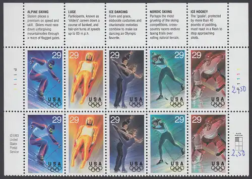USA Michel 2427-2431 / Scott 2811 postfrisch PLATEBLOCK(10) RÄNDER oben m/ Platten-# P1111 (a3) - Olympische Winterspiele, Lillehammer