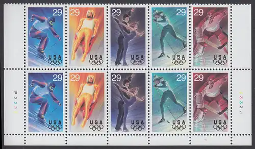 USA Michel 2427-2431 / Scott 2811 postfrisch PLATEBLOCK(10) RÄNDER unten m/ Platten-# P2222 (a2) - Olympische Winterspiele, Lillehammer