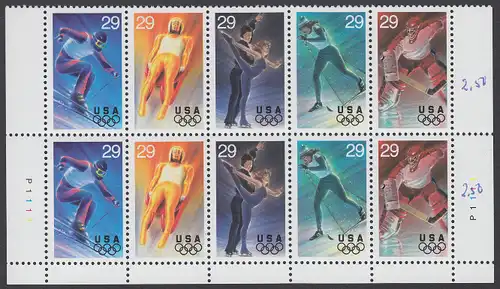 USA Michel 2427-2431 / Scott 2811 postfrisch PLATEBLOCK(10) RÄNDER unten m/ Platten-# P1111 (a3) - Olympische Winterspiele, Lillehammer
