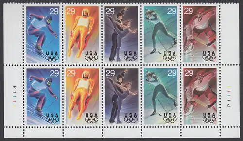 USA Michel 2427-2431 / Scott 2811 postfrisch PLATEBLOCK(10) RÄNDER unten m/ Platten-# P1111 (a1) - Olympische Winterspiele, Lillehammer