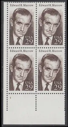 USA Michel 2432 / Scott 2812 postfrisch PLATEBLOCK ECKRAND unten links m/ Platten-# 1 - Edward R. Murrow: Rundfunkreporter
