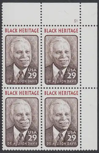 USA Michel 2434 / Scott 2816 postfrisch PLATEBLOCK ECKRAND oben rechts m/ Platten-# S1 (b) - Schwarzamerikanisches Erbe: Allison Davis, Anthropologe und Psychologe