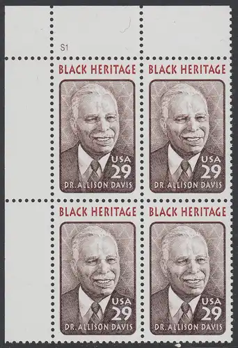 USA Michel 2434 / Scott 2816 postfrisch PLATEBLOCK ECKRAND oben links m/ Platten-# S1 (b) - Schwarzamerikanisches Erbe: Allison Davis, Anthropologe und Psychologe