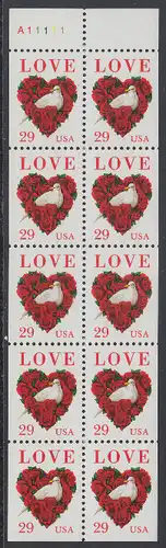 USA Michel 2437 / Scott 2814 postfrisch Markenheftchenblatt(10) - Grußmarke: Taube, Rosen