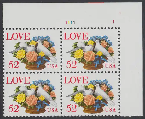 USA Michel 2438 / Scott 2815 postfrisch PLATEBLOCK ECKRAND oben rechts m/ Platten-# 1111-1 - Grußmarke: Tauben, Blumenkorb