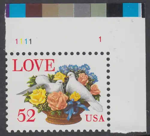 USA Michel 2438 / Scott 2815 postfrisch EINZELMARKE ECKRAND oben rchts m/ Platten-# 1111-1 - Grußmarke: Tauben, Blumenkorb