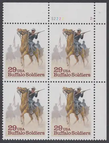 USA Michel 2439 / Scott 2818 postfrisch PLATEBLOCK ECKRAND oben rechts m/ Platten-# S2222-2 - Schwarzamerikanische Truppen Buffalo Soldiers; Kavallerie-Patrouille