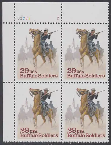 USA Michel 2439 / Scott 2818 postfrisch PLATEBLOCK ECKRAND oben links m/ Platten-# S2222-2 - Schwarzamerikanische Truppen Buffalo Soldiers; Kavallerie-Patrouille