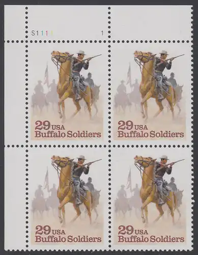 USA Michel 2439 / Scott 2818 postfrisch PLATEBLOCK ECKRAND oben links m/ Platten-# S1111-1 - Schwarzamerikanische Truppen Buffalo Soldiers; Kavallerie-Patrouille