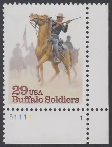 USA Michel 2439 / Scott 2818 postfrisch EINZELMARKE ECKRAND unten rchts m/ Platten-# S1111-1 - Schwarzamerikanische Truppen Buffalo Soldiers; Kavallerie-Patrouille