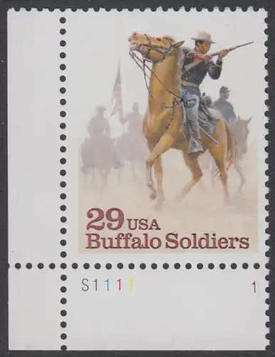 USA Michel 2439 / Scott 2818 postfrisch EINZELMARKE ECKRAND unten links m/ Platten-# S1111-1 - Schwarzamerikanische Truppen Buffalo Soldiers; Kavallerie-Patrouille