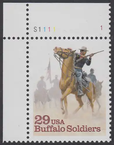 USA Michel 2439 / Scott 2818 postfrisch EINZELMARKE ECKRAND oben links m/ Platten-# S1111-1 - Schwarzamerikanische Truppen Buffalo Soldiers; Kavallerie-Patrouille