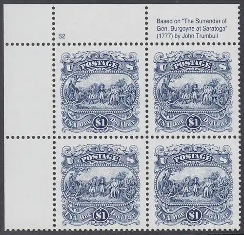 USA Michel 2455 / Scott 2590 postfrisch PLATEBLOCK ECKRAND oben links m/ Platten-# S2 (b) - Die Kapitulation von General Burgoyne bei Saratoga