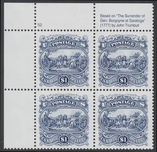 USA Michel 2455 / Scott 2590 postfrisch PLATEBLOCK ECKRAND oben links m/ Platten-# S2 (a) - Die Kapitulation von General Burgoyne bei Saratoga
