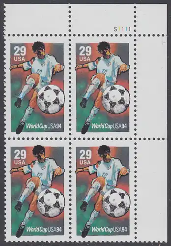 USA Michel 2457 / Scott 2834 postfrisch PLATEBLOCK ECKRAND oben rechts m/ Platten-# S1111 (b) - Fußball-Weltmeisterschaft, USA: Torschuss