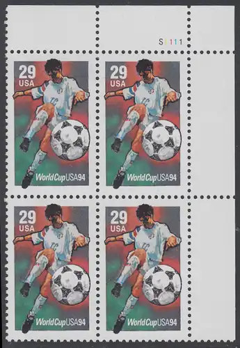 USA Michel 2457 / Scott 2834 postfrisch PLATEBLOCK ECKRAND oben rechts m/ Platten-# S1111 (a) - Fußball-Weltmeisterschaft, USA: Torschuss