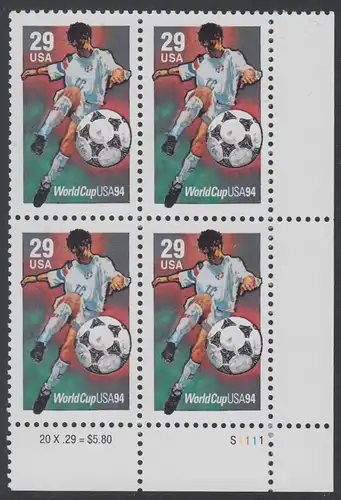 USA Michel 2457 / Scott 2834 postfrisch PLATEBLOCK ECKRAND unten rechts m/ Platten-# S1111 (a) - Fußball-Weltmeisterschaft, USA: Torschuss