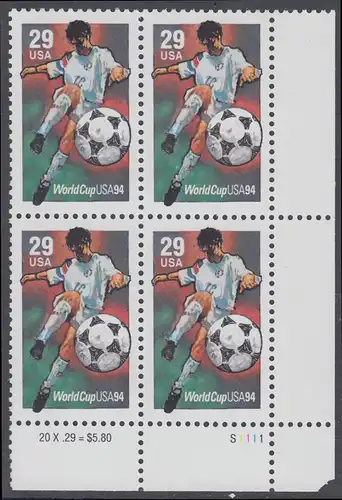 USA Michel 2457 / Scott 2834 postfrisch PLATEBLOCK ECKRAND unten rechts m/ Platten-# S1111 (b) - Fußball-Weltmeisterschaft, USA: Torschuss