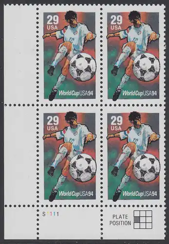 USA Michel 2457 / Scott 2834 postfrisch PLATEBLOCK ECKRAND unten links m/ Platten-# S1111 - Fußball-Weltmeisterschaft, USA: Torschuss