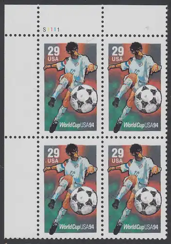 USA Michel 2457 / Scott 2834 postfrisch PLATEBLOCK ECKRAND oben links m/ Platten-# S1111 - Fußball-Weltmeisterschaft, USA: Torschuss