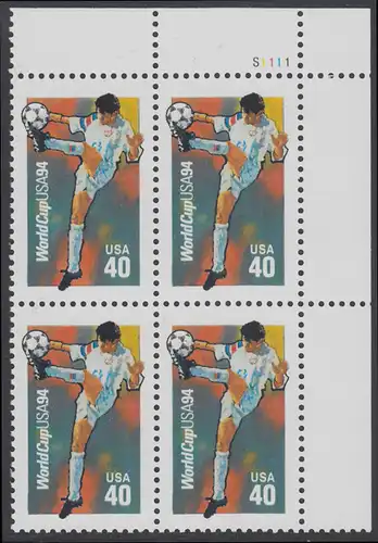 USA Michel 2458 / Scott 2835 postfrisch PLATEBLOCK ECKRAND oben rechts m/ Platten-# S1111 (b) - Fußball-Weltmeisterschaft, USA: Ballannahme