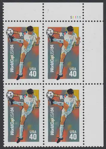 USA Michel 2458 / Scott 2835 postfrisch PLATEBLOCK ECKRAND oben rechts m/ Platten-# S1111 (a) - Fußball-Weltmeisterschaft, USA: Ballannahme