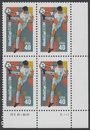 USA Michel 2458 / Scott 2835 postfrisch PLATEBLOCK ECKRAND unten rechts m/ Platten-# S1111 - Fußball-Weltmeisterschaft, USA: Ballannahme