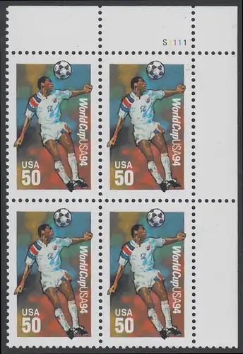 USA Michel 2459 / Scott 2836 postfrisch PLATEBLOCK ECKRAND oben rechts m/ Platten-# S1111 (b) - Fußball-Weltmeisterschaft, USA: Kopfball
