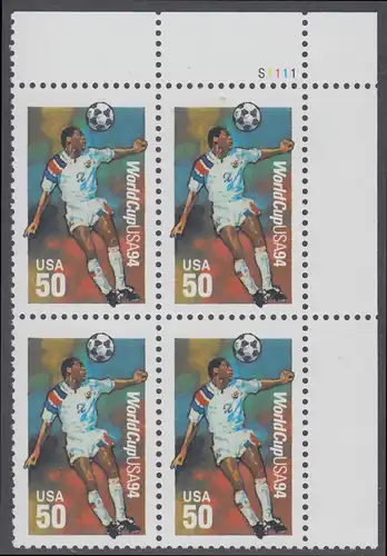 USA Michel 2459 / Scott 2836 postfrisch PLATEBLOCK ECKRAND oben rechts m/ Platten-# S1111 (a) - Fußball-Weltmeisterschaft, USA: Kopfball
