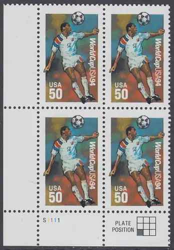 USA Michel 2459 / Scott 2836 postfrisch PLATEBLOCK ECKRAND unten links m/ Platten-# S1111 - Fußball-Weltmeisterschaft, USA: Kopfball
