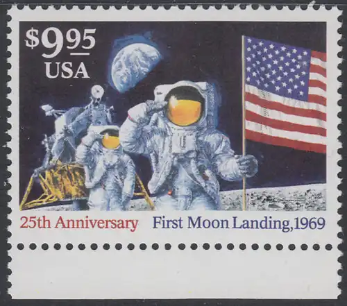 USA Michel 2478 / Scott 2842 postfrisch EINZELMARKE RAND unten - 25. Jahrestag der ersten bemannten Mondlandung: Salutierende Astronauten, Mondlandefähre