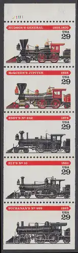 USA Michel 2479-2483 / Scott 2843-2847 postfrisch Markenheftchenblatt(5) RAND oben m/ Platten-# - Dampflokomotiven