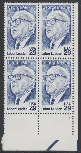 USA Michel 2484 / Scott 2848 postfrisch PLATEBLOCK ECKRAND unten rechts m/ Platten-# 1 - 100. Geburtstag von George Meany (1894-1980), Arbeiterführer, Präsident der Arbeiterorganisationen AFL und CIO