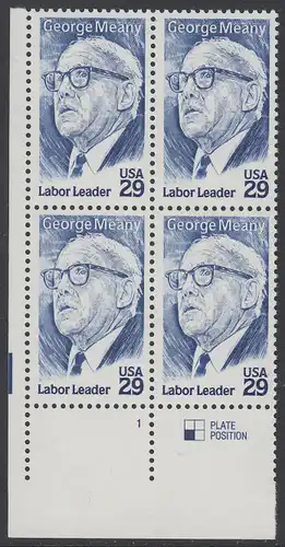 USA Michel 2484 / Scott 2848 postfrisch PLATEBLOCK ECKRAND unten links m/ Platten-# 1 - 100. Geburtstag von George Meany (1894-1980), Arbeiterführer, Präsident der Arbeiterorganisationen AFL und CIO