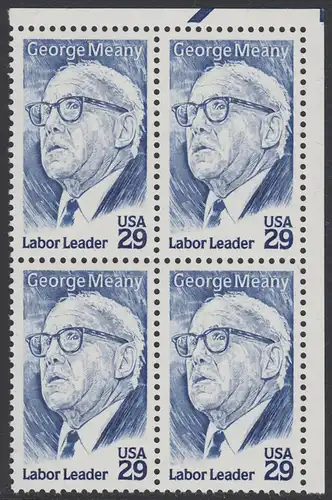 USA Michel 2484 / Scott 2848 postfrisch BLOCK ECKRAND oben rechts - 100. Geburtstag von George Meany (1894-1980), Arbeiterführer, Präsident der Arbeiterorganisationen AFL und CIO