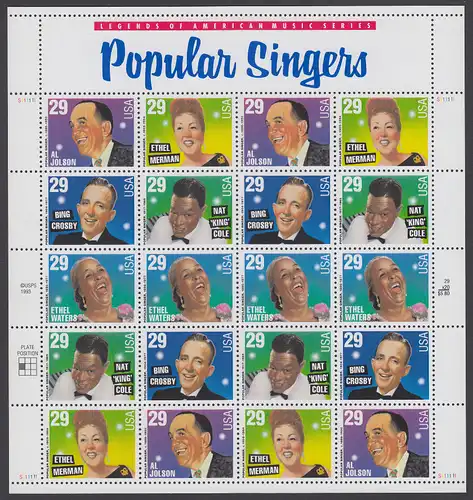 USA Michel 2486-2490 / Scott 2849-2853 postfrisch BOGEN(20) - Amerikanische Musikgeschichte: Populäre Sänger.