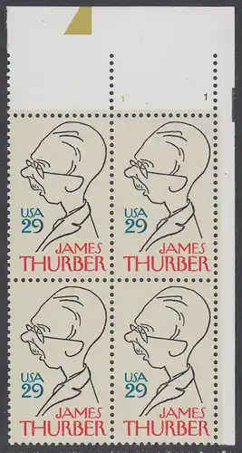 USA Michel 2491 / Scott 2862 postfrisch PLATEBLOCK ECKRAND oben rechts m/ Platten-# 1 - 100. Geburtstag von James Thurber (1894-1961), Schriftsteller und Cartoonist