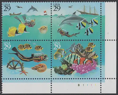 USA Michel 2500-2503 / Scott 2863-2866 postfrisch PLATEBLOCK ECKRAND unten rechts m/ Platten-# B1111 (a) - Wunder der Meere: Unterwasser-Szenerie