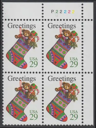 USA Michel 2527A / Scott 2872 postfrisch PLATEBLOCK ECKRAND oben rechts m/ Platten-# P2222 - Weihnachten: Strumpf mit Geschenken