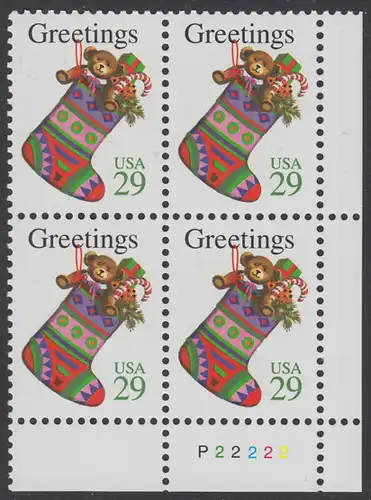 USA Michel 2527A / Scott 2872 postfrisch PLATEBLOCK ECKRAND unten rechts m/ Platten-# P2222 - Weihnachten: Strumpf mit Geschenken