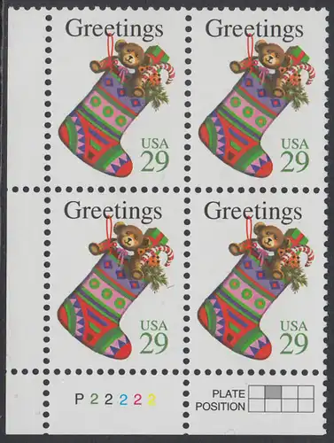 USA Michel 2527A / Scott 2872 postfrisch PLATEBLOCK ECKRAND unten links m/ Platten-# P2222 - Weihnachten: Strumpf mit Geschenken